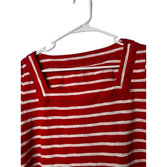Talbots Red Striped Square Neckline 3/4 Sleeve Cotton Top Size M Nautical Knit - Picture 2 of 9